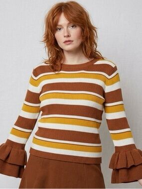 Vintage Retro Striped Brown Yellow White Sweater Ruffle Sleeve Size Small Women